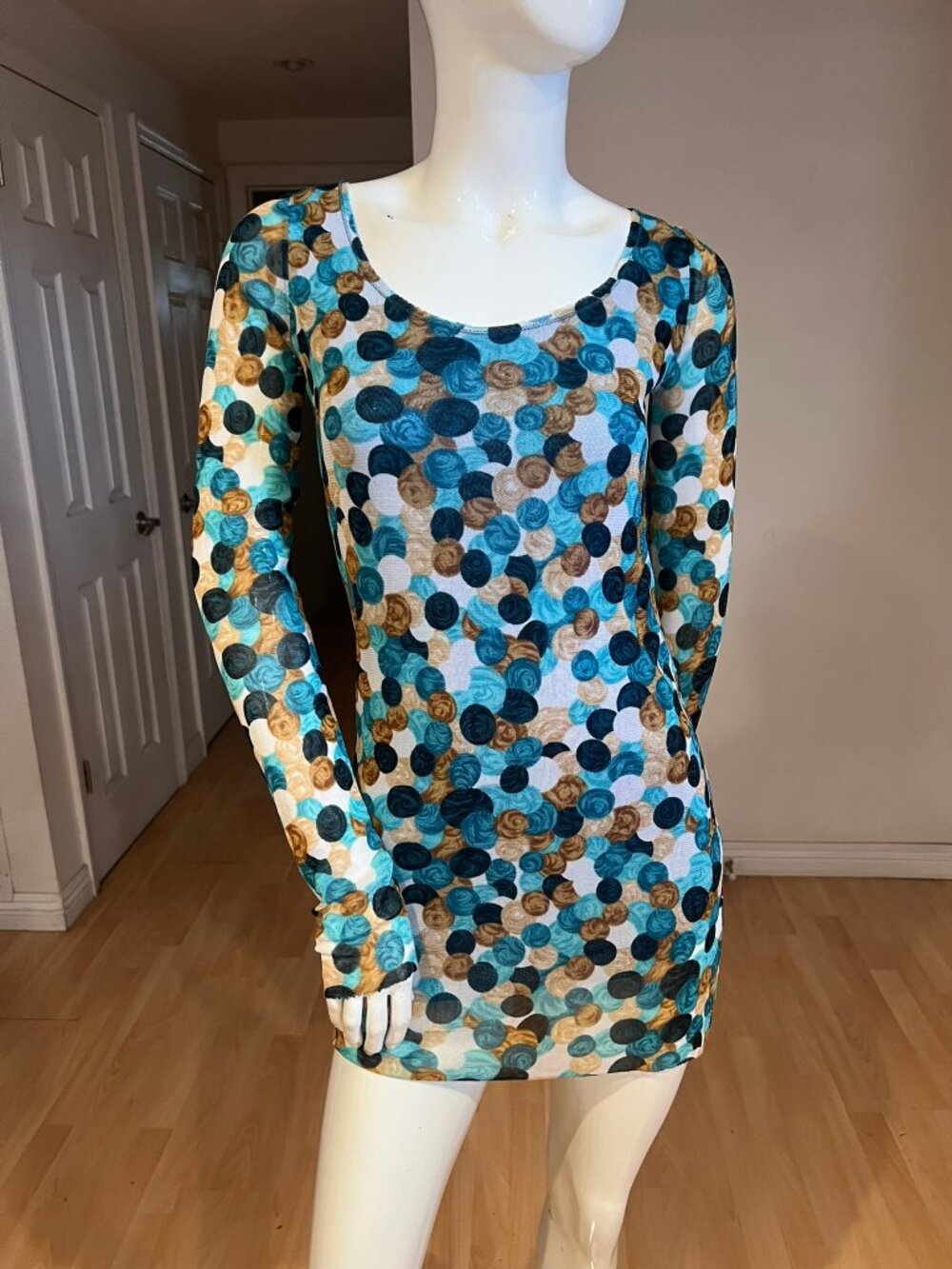 Y2K FUZZI MESH POLKA DOT LONG SLEEVE BODY CON CLUB DRESS SIZE L LARGE